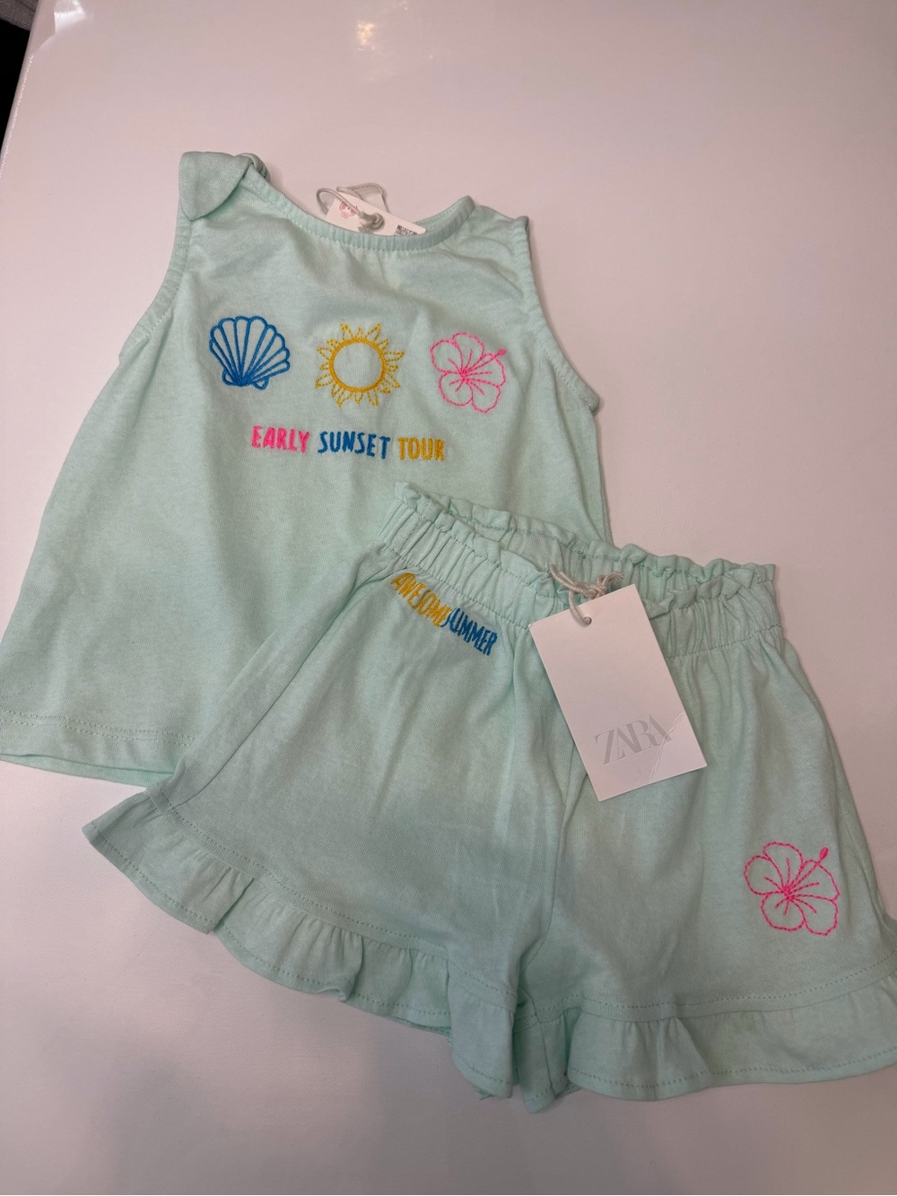 Zara Girls Mint Green Tank & Shorts Set with Colorful Embroidery